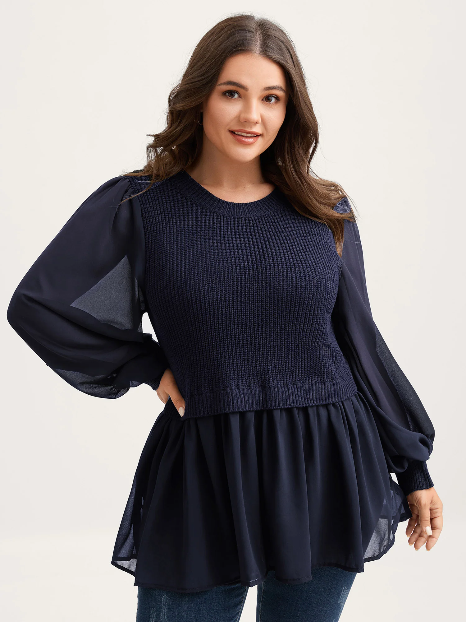Balloon Sleeve Solid Twofer Sweater - Image 8