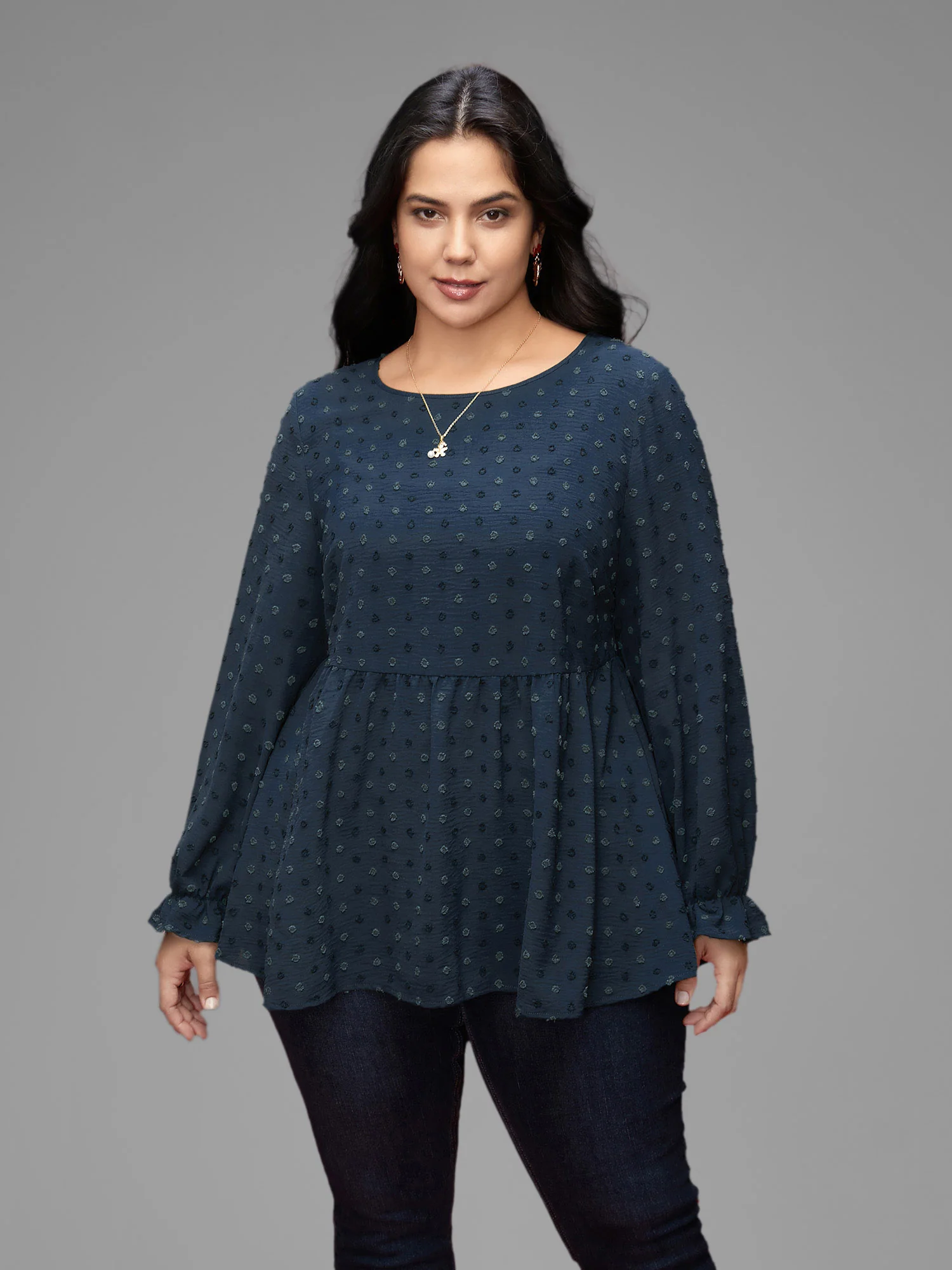 Textured Dot Elastic Cuffs A-line Blouse - Image 8